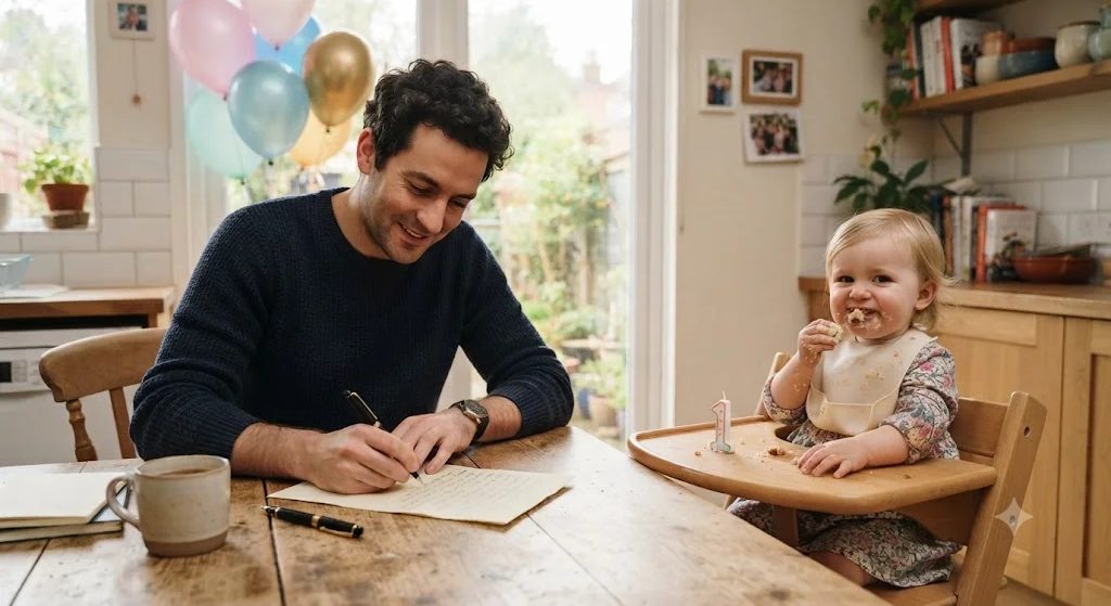 A father writing a handwritten letter at a sunny kitchen table while his one-year-old daughter sits in a high chair beside him with a piece of birthday cake