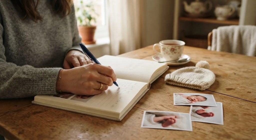 A mother's hands writing a note in a baby memory book beside small baby photos and a tiny knitted hat
