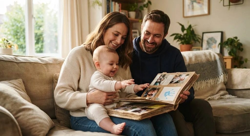 Smiling parents on a cozy sofa looking through a handmade baby memory book while their baby reaches for the page