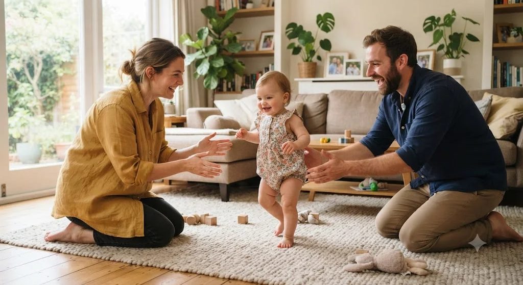 Smiling parents kneeling on a living room rug, arms ready to catch their baby taking a wobbly first step
