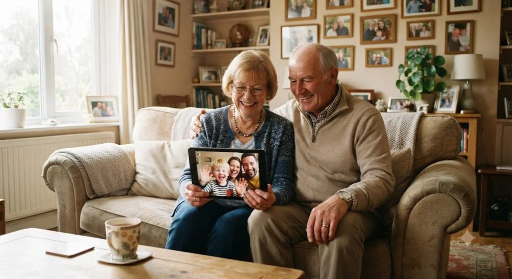 Grandparents on a sofa in a cozy living room smiling at a video call with their grandchild on a tablet
