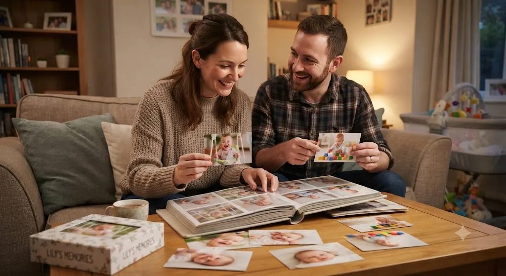 Smiling parents on a sofa sorting printed photos of their baby, with a photo album open on the coffee table