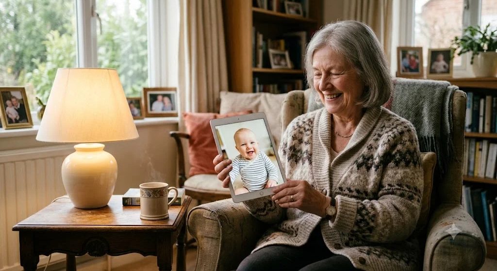 A smiling grandmother in her cozy living room looking at a new photo of her baby grandchild on a tablet