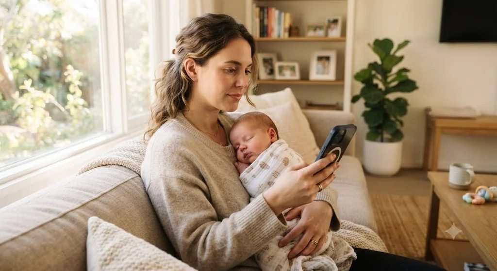 A young mother on a sofa by a sunny window, her baby asleep on her chest, looking at a photo on her phone