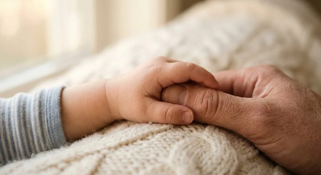 A small child's hand holding an adult's finger, resting on a soft knitted blanket