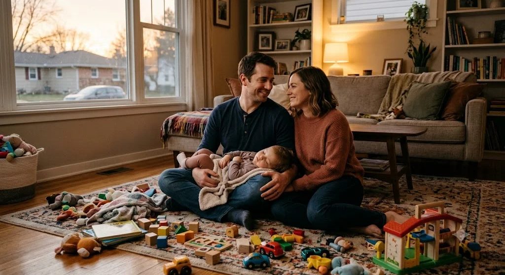Tired, smiling parents sitting on a living room floor full of toys in evening light, their toddler asleep across the father's lap