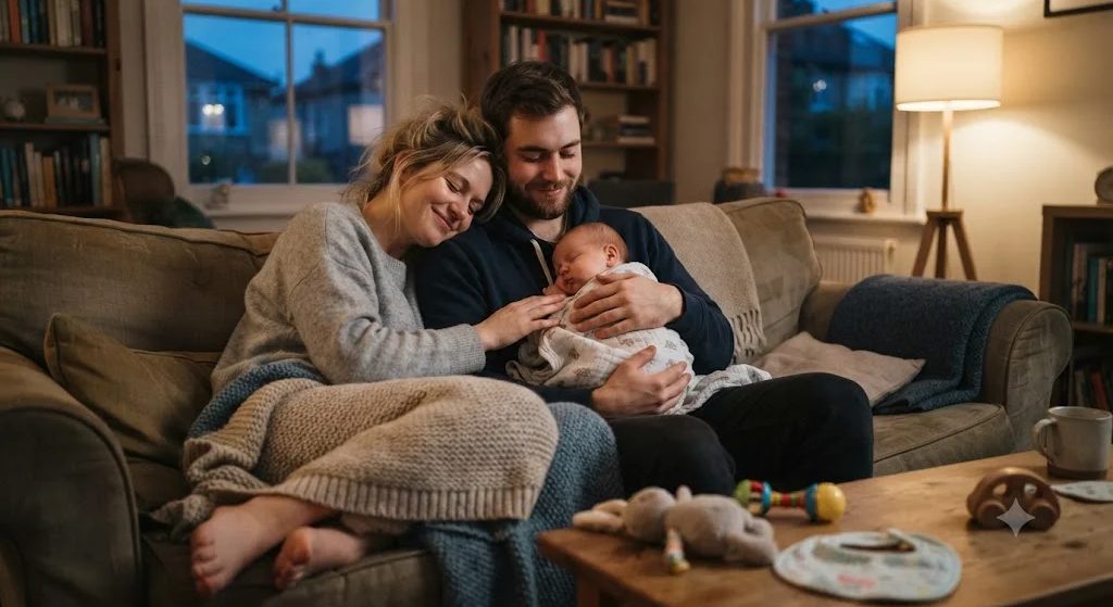 Tired, happy parents cuddled on a sofa at dusk, the father holding their sleeping newborn
