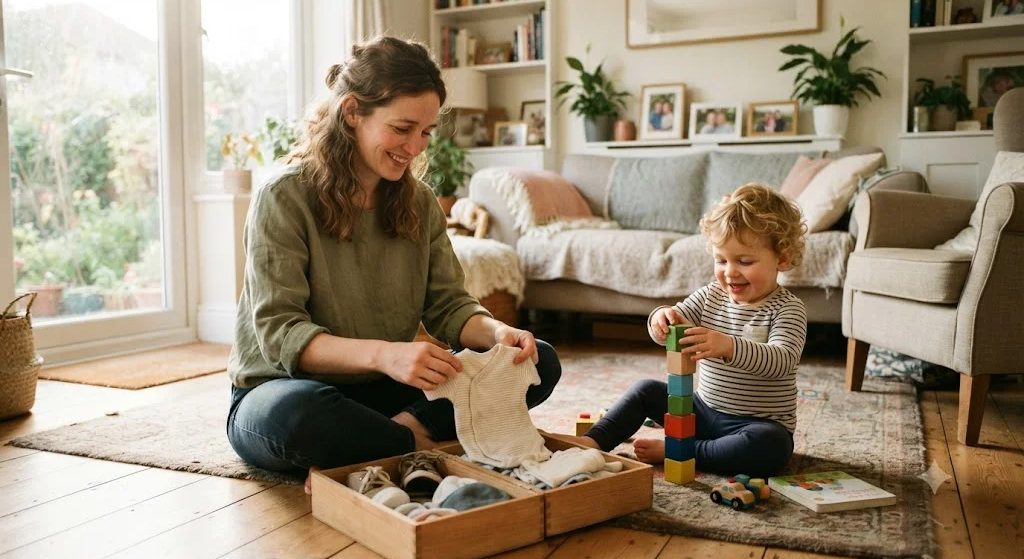 A mother on a sunlit living room floor folding tiny outgrown baby clothes into a box while her toddler stacks wooden blocks nearby